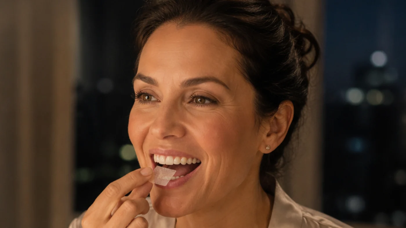 Close-up of a woman placing a PlyaMed oral-dissolving supplement strip in her mouth during an evening routine
