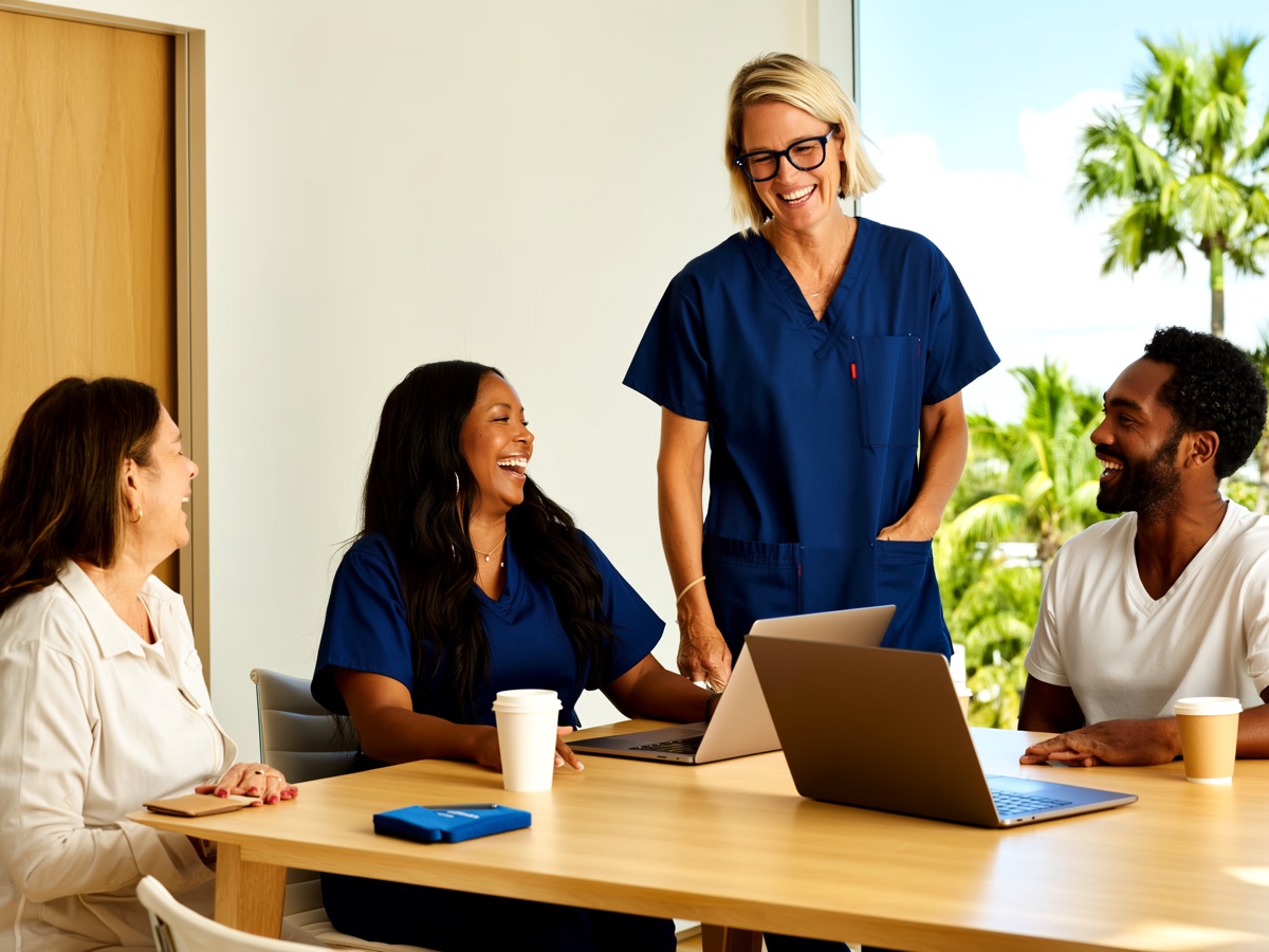 A small team laughing together around an office table