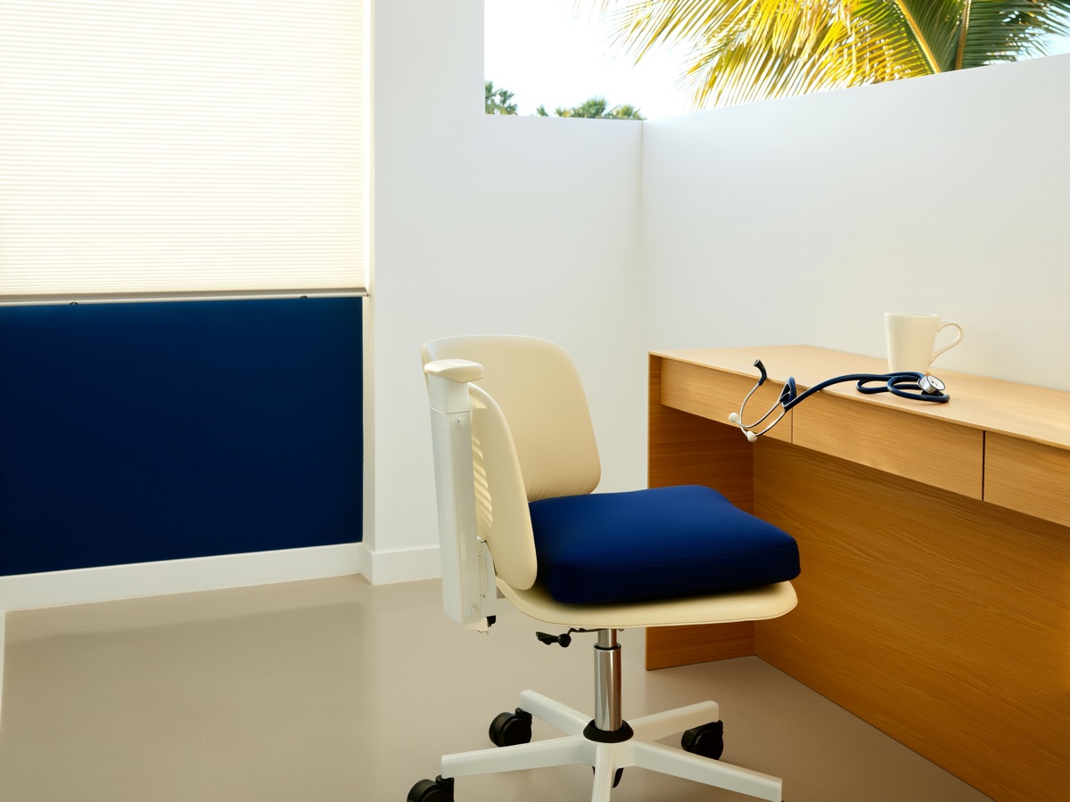 A calm, sunlit exam room with a stethoscope on an oak desk